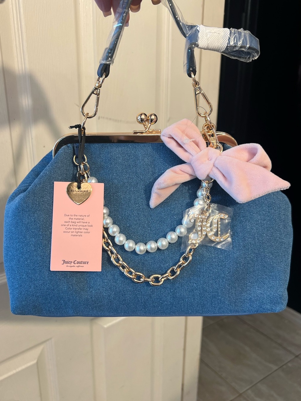 Juicy Couture Blue Denim Frame Satchel with Pink Bow and Pearl Chains - Picture 5 of 9